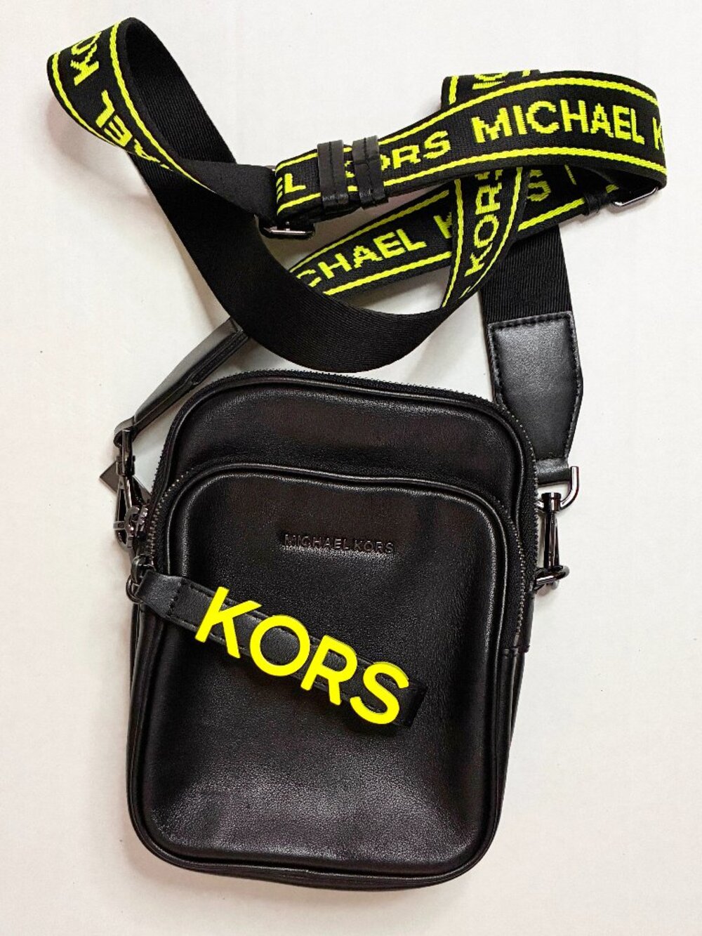 Michael Kors Small Leather Neon Green Logo Tape Crossbody Bag